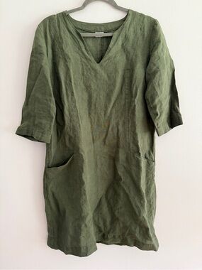 Len Ok olive green linen dress, pockets, medium